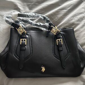 Elegant Black Leather Shoulder Bag with Gold Details